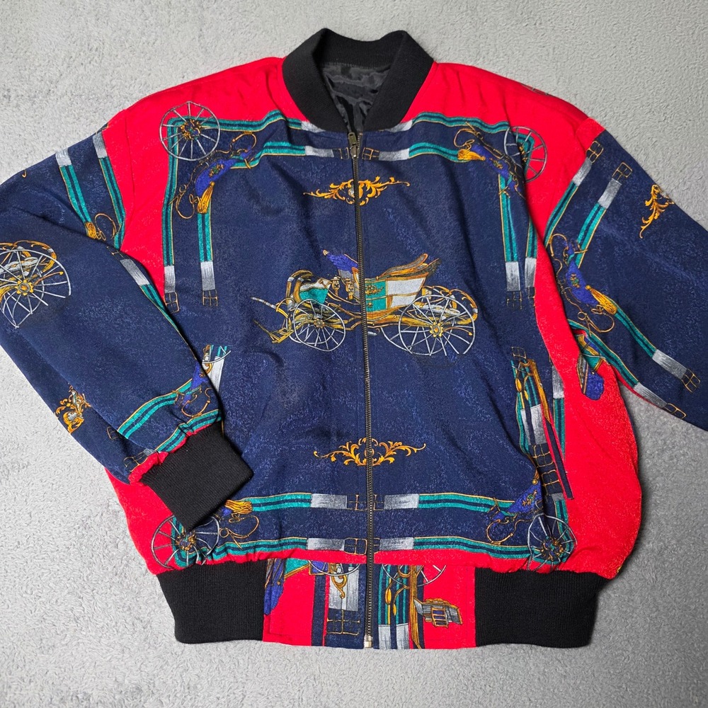 Vintage Womens XL Bomber Jacket Navy Red Equestrian Carriage Print Full Zip